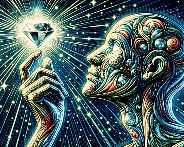 Surreal Figure with Diamond in Cosmic Background