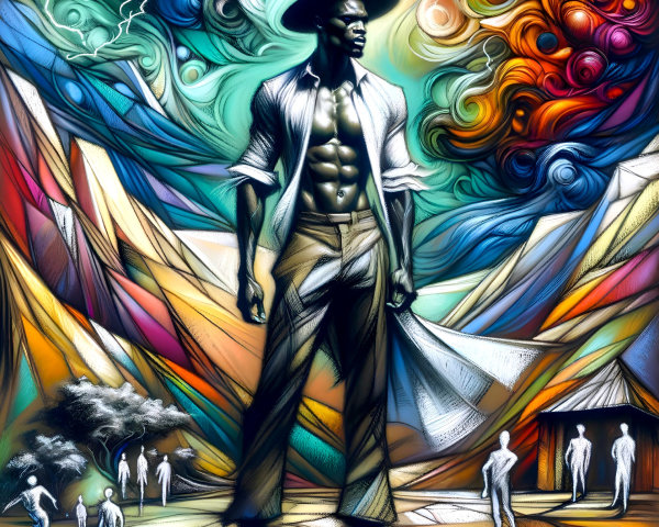 Muscular Figure in Colorful Dynamic Landscape Illustration