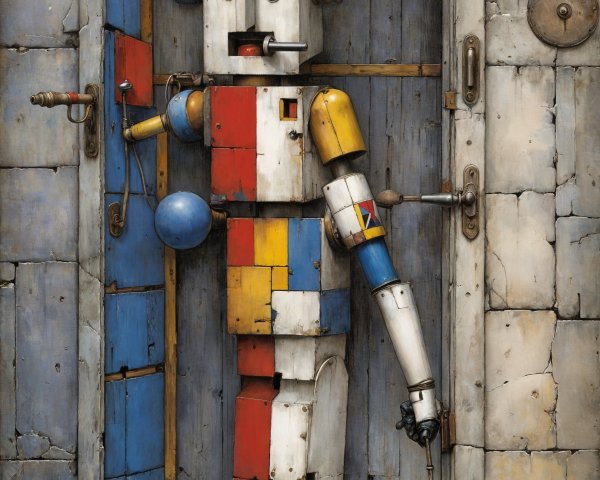 Colorful Robot Figure in Doorway with Textured Wall