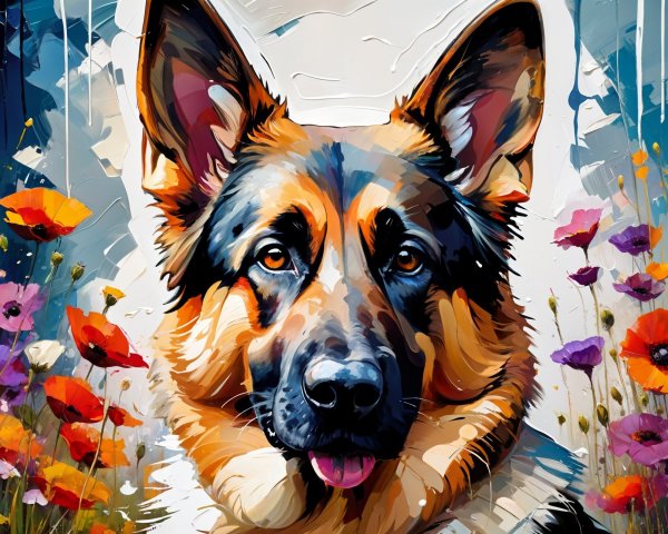 Vibrant Art of a German Shepherd Surrounded by Flowers