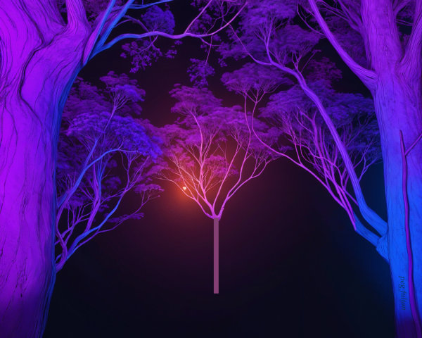 Surreal Forest with Vibrant Purple and Blue Trees