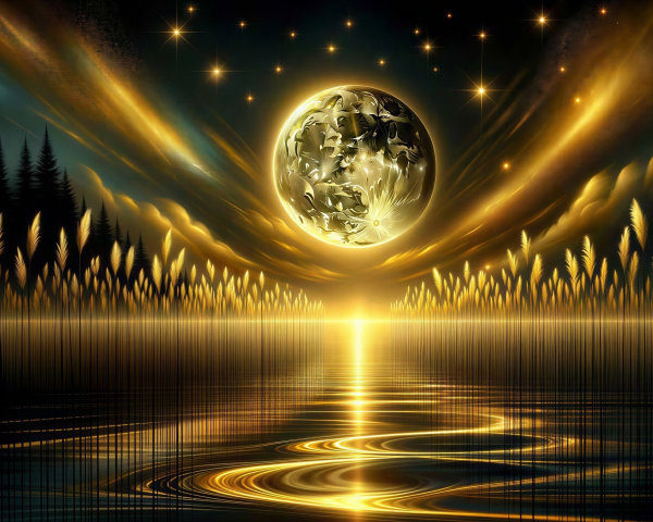 Nighttime Landscape with Cosmic Full Moon and Stars