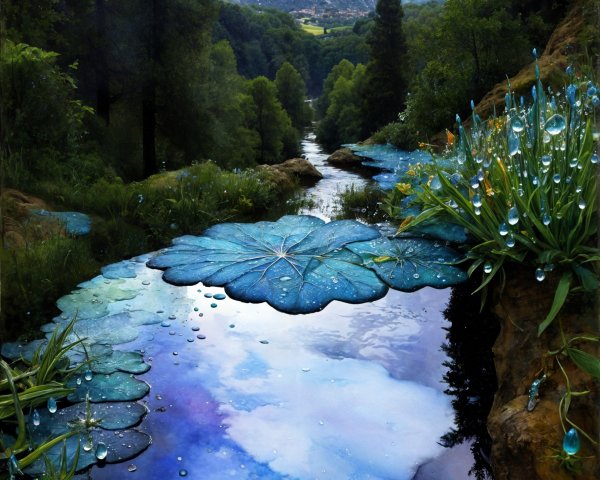 Vibrant Landscape with Stream and Colorful Lily Pads