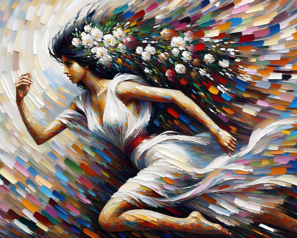 Oil Painting of Woman in White Gown with Color Burst
