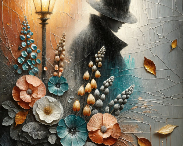 Silhouette of a Figure with Flowers and Lamp Post