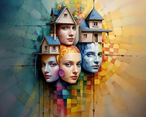 Surreal Artwork of Four Faces with Whimsical Houses