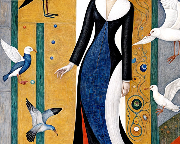 Stylized Woman in Black and White Dress with Birds