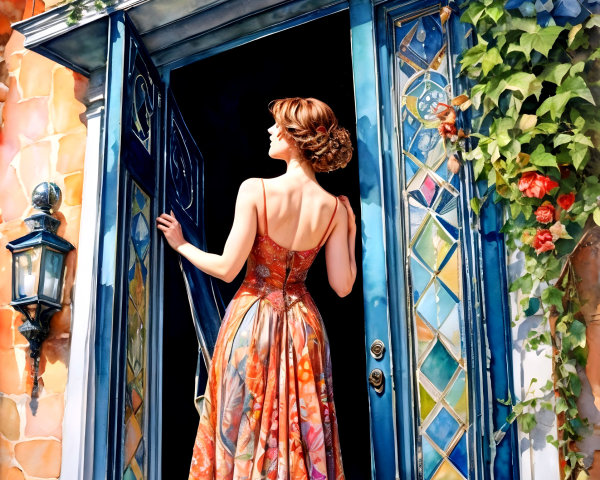 Woman in Floral Gown by Ornate Blue Door