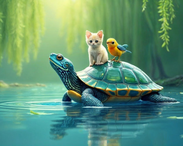 Whimsical Scene of a Turtle, Kitten, and Bird