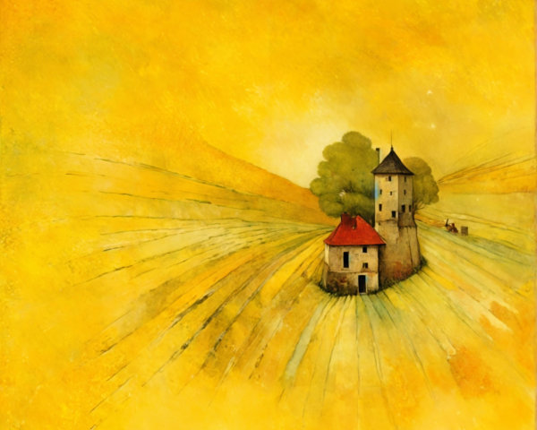 Serene Landscape with Yellow Hills and Farmhouse