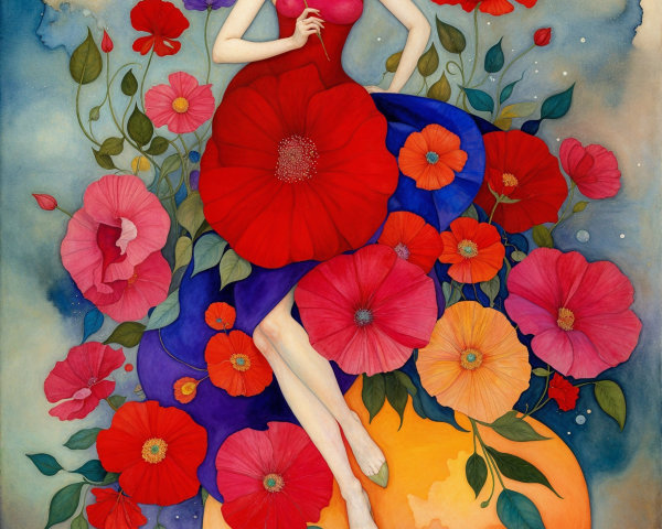 Whimsical Woman on Orange Sphere Surrounded by Flowers