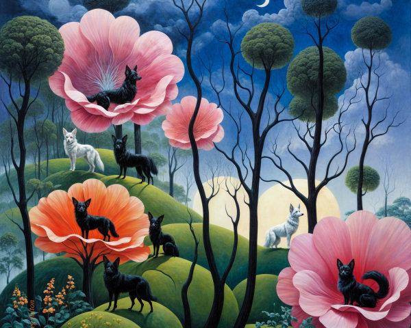 Whimsical Landscape with Wolves and Pink Flowers