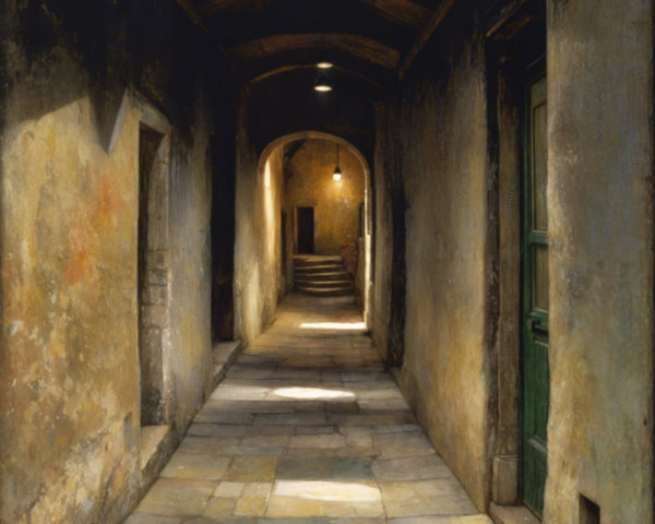 Narrow Corridor with Stone Walls and Green Door