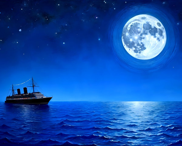 Majestic ship on tranquil moonlit sea at night