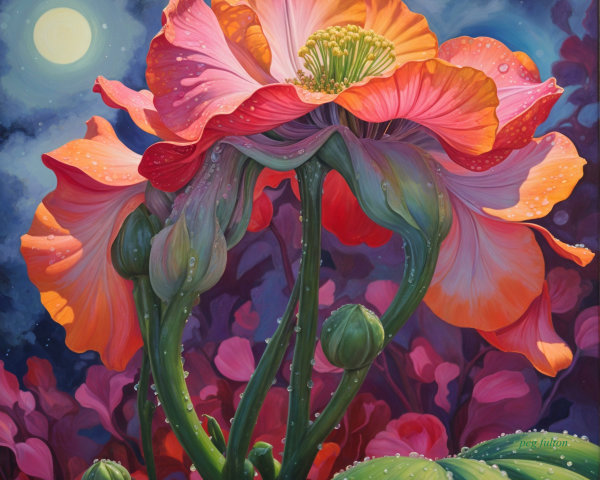 Vibrant Flower Against Dreamy Night Sky with Moon