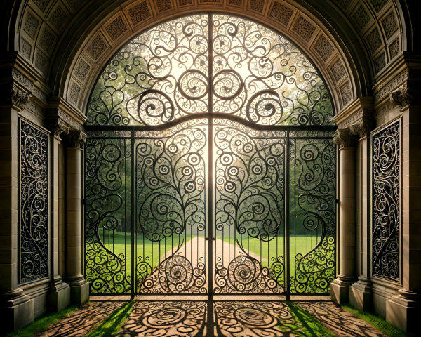 Ornate Wrought Iron Gate with Intricate Designs