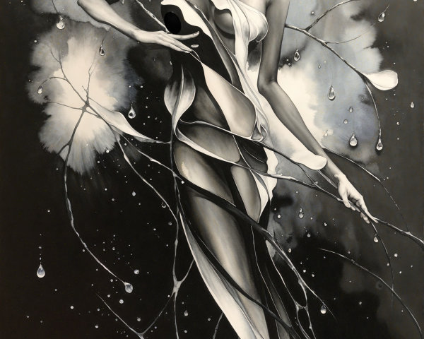 Monochrome Artwork of Graceful Figure in Abstract Gown