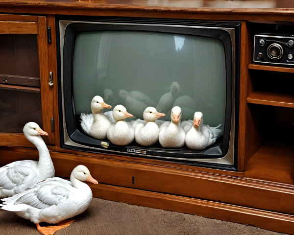 Vintage Wooden TV with Ducks Inside and Cozy Atmosphere