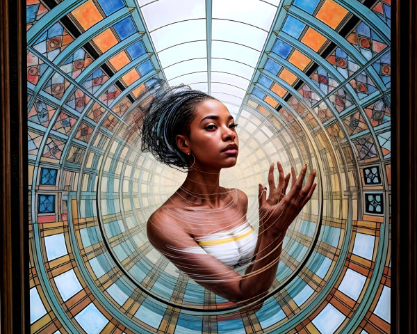 Woman in Vibrant Stained Glass Tunnel Artwork