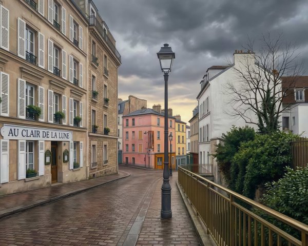 Cobbled Street in European Village with Pastel Buildings