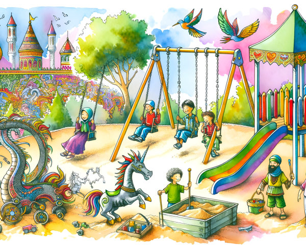 Vibrant Playground Scene with Fantasy Elements