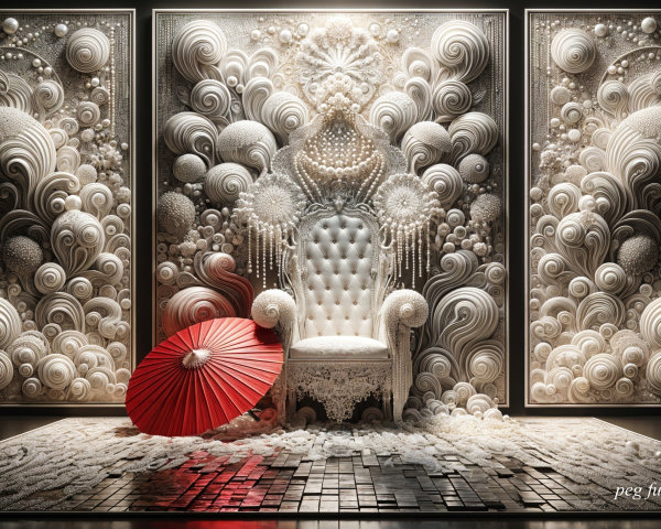 Elegant white chair with textured wall art backdrop