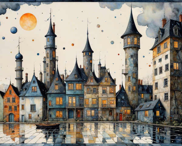 Whimsical Fairy-Tale Town with Turreted Buildings