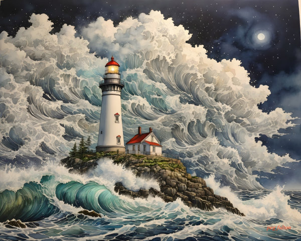Dramatic Seascape with Lighthouse and Crashing Waves