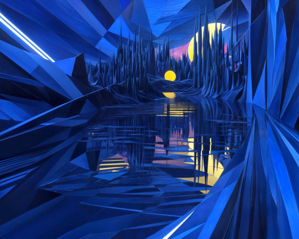 Geometric Landscape with Lake and Twilight Sky