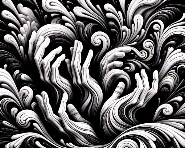 Swirling White Forms and Hands on Black Background