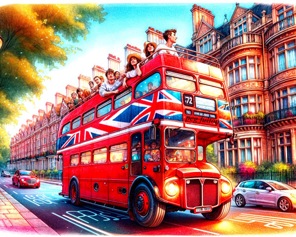 Double-Decker Bus with Union Jack in Historic City