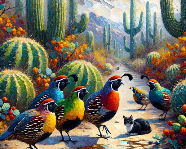Colorful Quail and Cat in a Desert Landscape