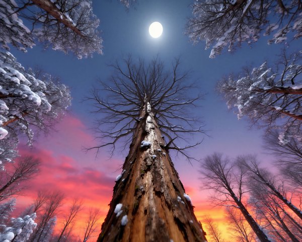 Fisheye View of Snowy Tree Trunk and Full Moon