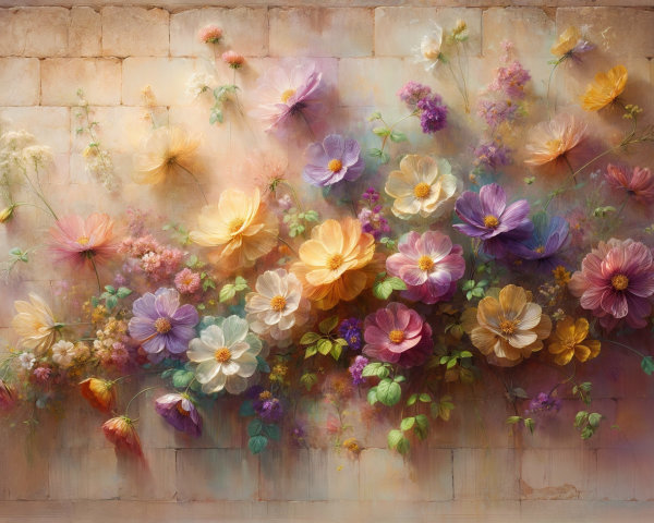 Vibrant Floral Mural on Rustic Stone Wall