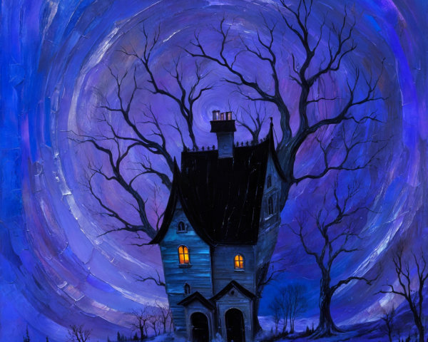 Whimsical Crooked House Under Dark Purple Sky
