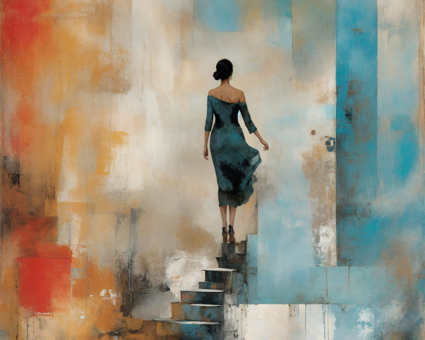 Solitary Figure in Dark Dress Ascending Colorful Stairs