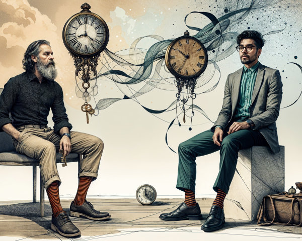 Two Men in Surreal Setting with Vintage Clocks