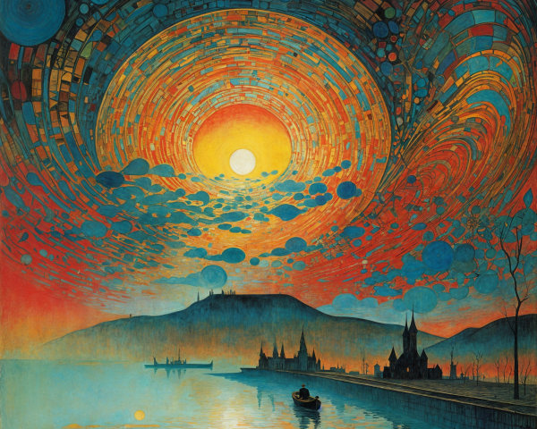 Vibrant Sunset Over Tranquil Landscape and Waterfront