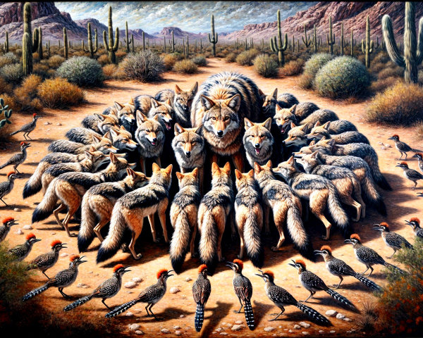 Lion Surrounded by Wolves in Desert Wildlife Scene