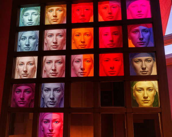 Colorful Faces in Wooden Frame with Serene Expressions