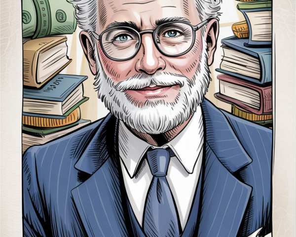 Older Man in Suit Surrounded by Books and Coins