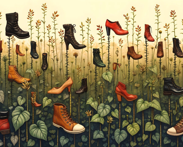 Footwear Suspended in a Whimsical Landscape Scene