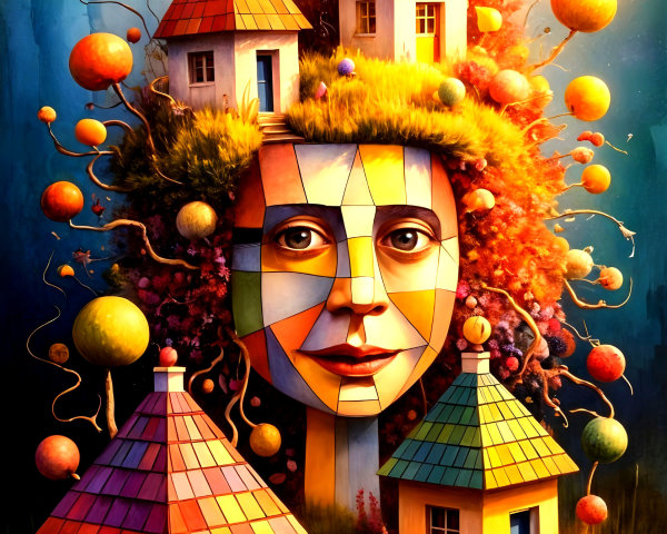Surreal Landscape with Abstract Face and Colorful Shapes