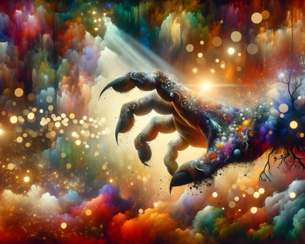 Cosmic Scene with Majestic Hand and Colorful Clouds