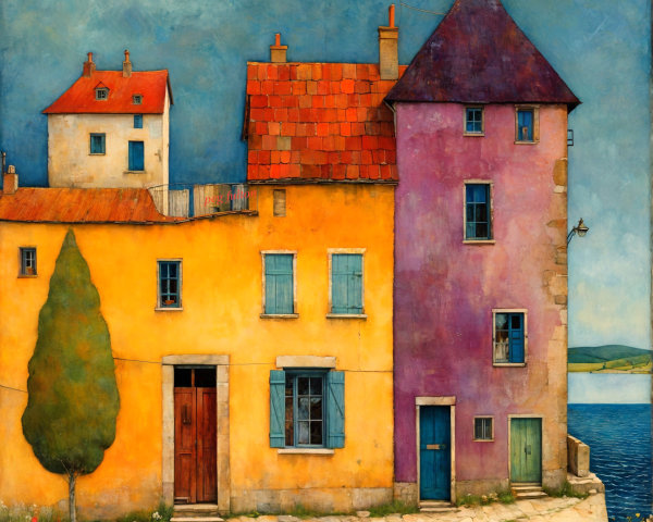 Colorful Houses by Water Under a Full Moon