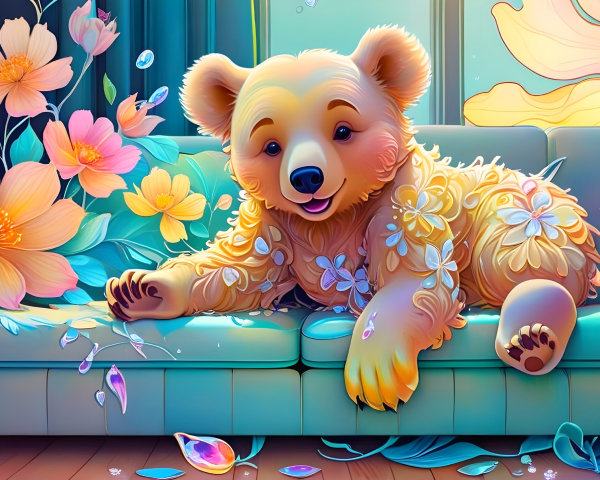 Fluffy bear on pastel sofa in colorful floral room