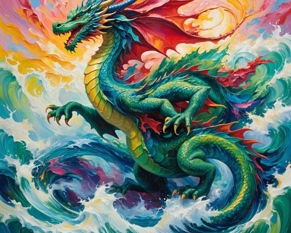 Mythical dragon emerging from ocean waves with colors