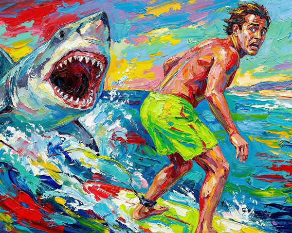 Impressionistic Oil Painting of Surfer and Shark Encounter