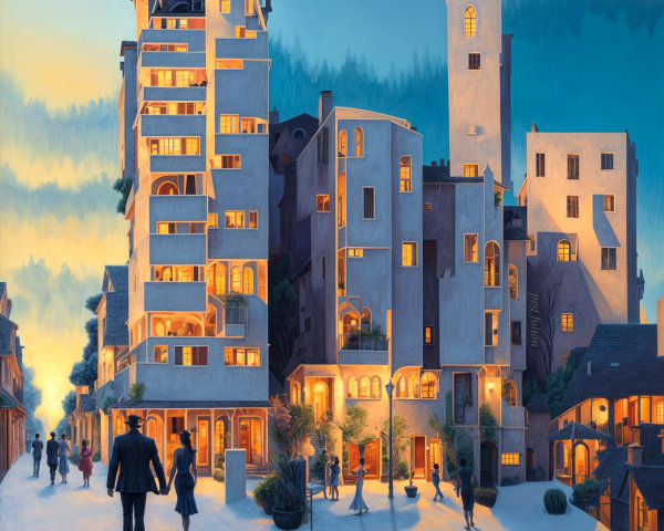 Contemporary Urban Scene at Dusk with Vibrant Colors