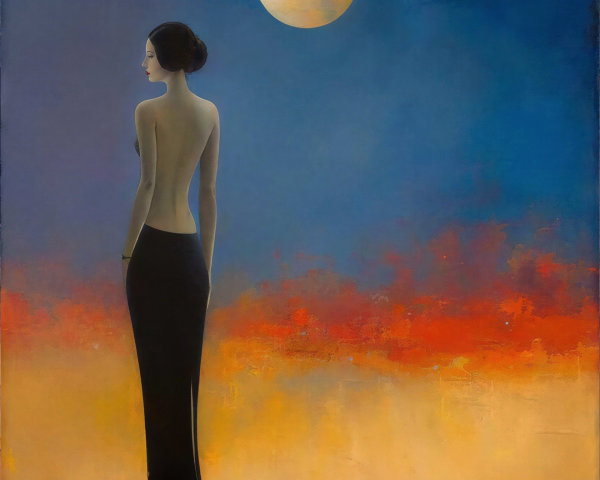 A slender woman in a dark dress under a full moon